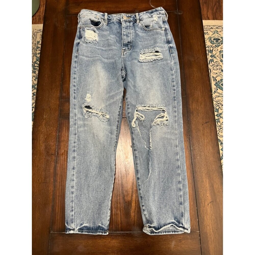 Pacsun Mom Jeans Relaxed Light Medium Wash Destroyed Factory Distressed Rip 27